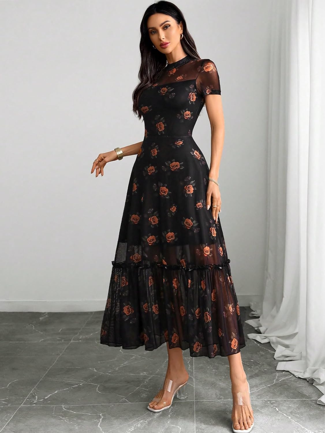 GothDark Womens Summer Floral Mesh Ruffle Dress Short Sleeve Round Neck Waist Cinched Casual Maxi Wedding Guest Dresses