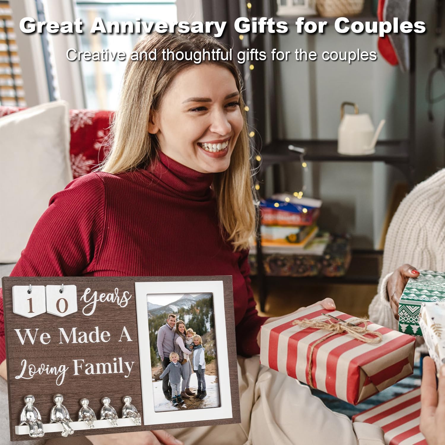 Anniversary Idea for Wife Gifts, 10th Year Wedding Anniversaries Tin Gift for Couples Him Her Husband, Aluminum Sculptures Family Tree Picture Frame Keepsake Decor Sculptures DIY Personalized