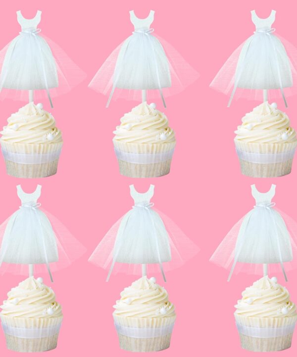 Wedding Dress Cupcake Toppers 12Pcs Glitter White Tulle Dress Cupcake Toppers Bridal Shower Party Decorations for Bride to Be Engagement Wedding Party Supplies