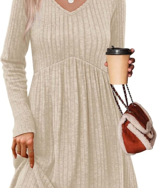 OFEEFAN Long Sleeve Sweater Dress Fall Dresses 2025 V Neck Empire Waist Baby Doll Dresses Women Casual Dress with Pockets