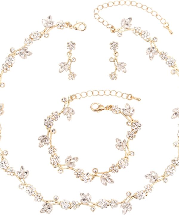 Brides Bridesmaid Flower Leaf Choker Necklace Dangle Earrings Link Bracelet Austrian Crystal Wedding Jewelry Set for Prom Costume Party Accessories for Woman
