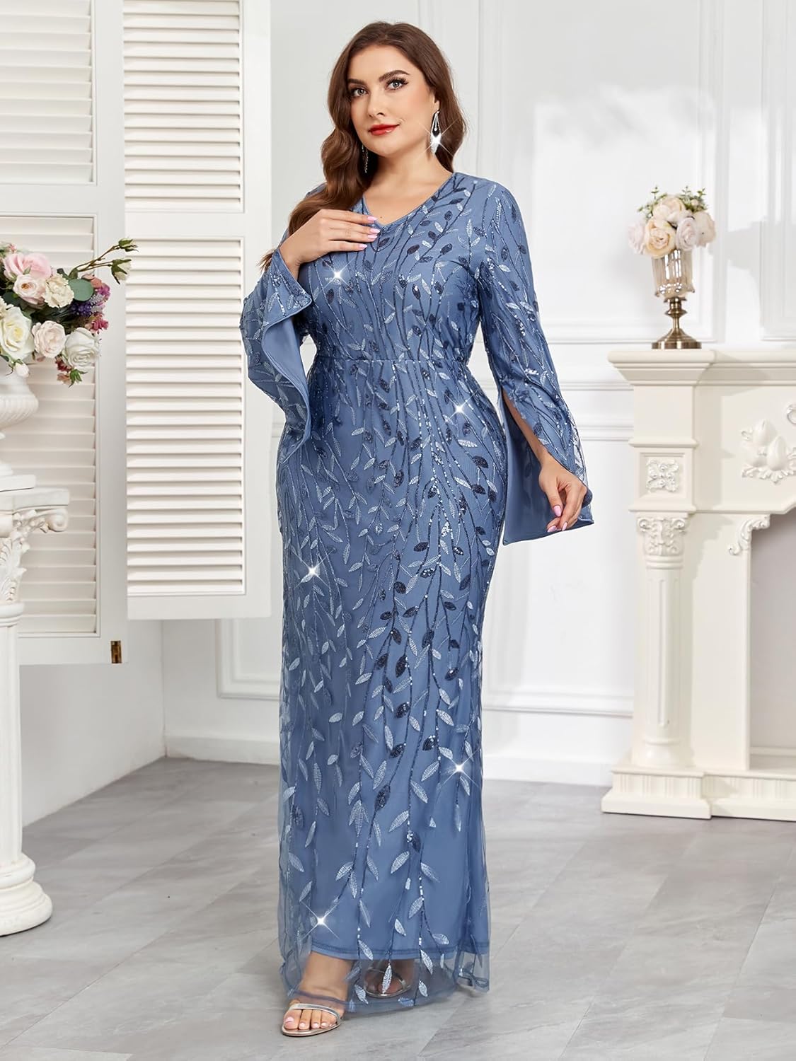 Plus Size Formal Dresses Long Flared Sleeve V-Neck Evening Gowns Wedding Guest Sequin Embroidery Prom Maxi Dress