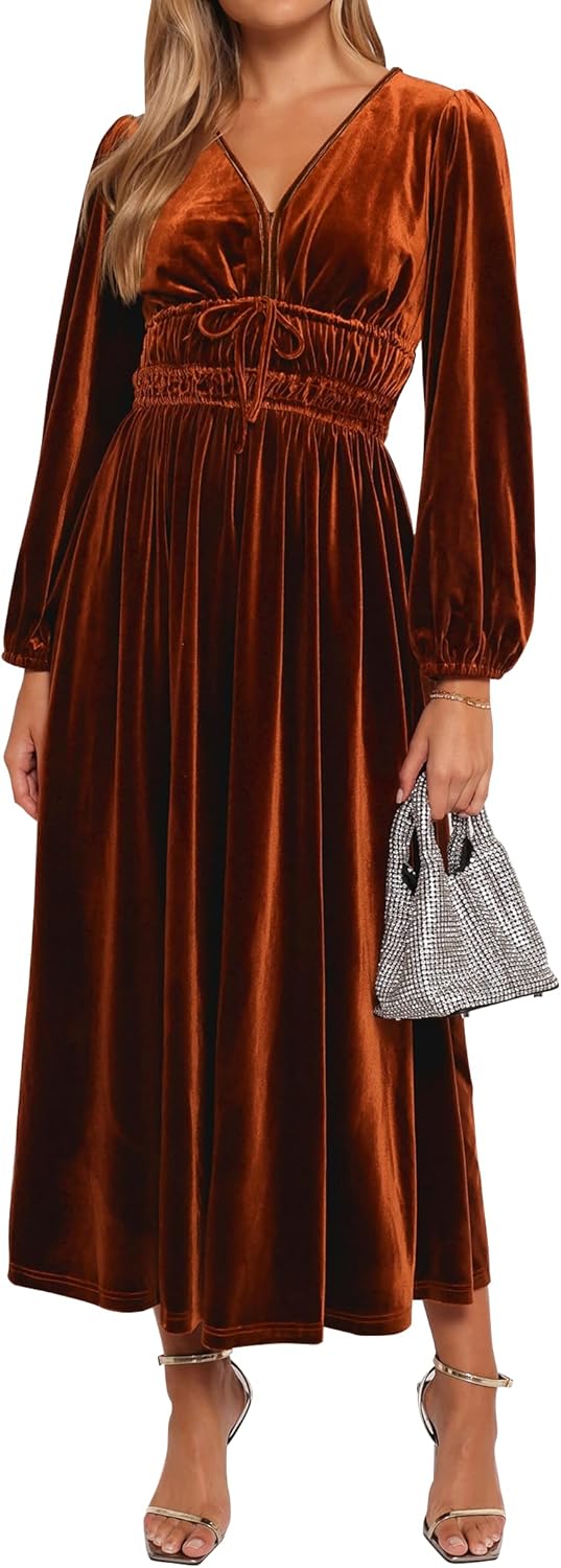 ZAFUL Womens Long Sleeve Velvet Dress 2025 Fall V Neck Holiday Cocktail Party Semi Formal Midi Dresses for Wedding Guest