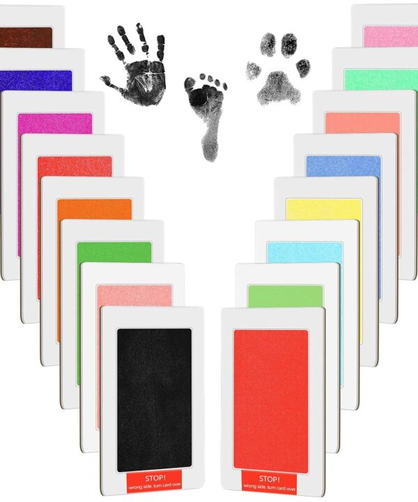 48 Pcs Inkless Baby Footprint Kit Includes 16 Pcs Colorful Ink Pad and 32 Imprint Card for Baby Hand and Footprints, Handprint Dog Paw Print Kit for Newborn Registry Gifts Family Printing Mom Girl