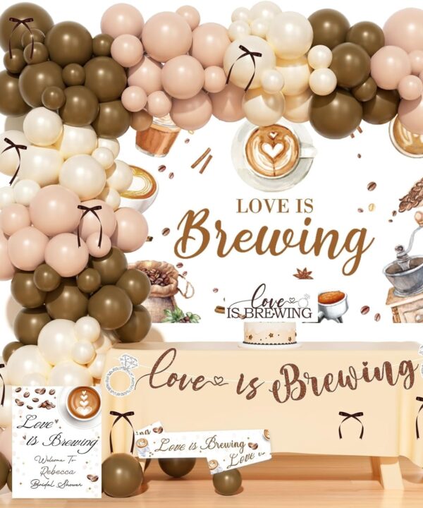 Love is Brewing Bridal Shower Decorations - Coffee Bridal Shower Decorations with Balloon Garland, Cake Topper, Banner, Backdrop, Poster for Espresso Martini Decor