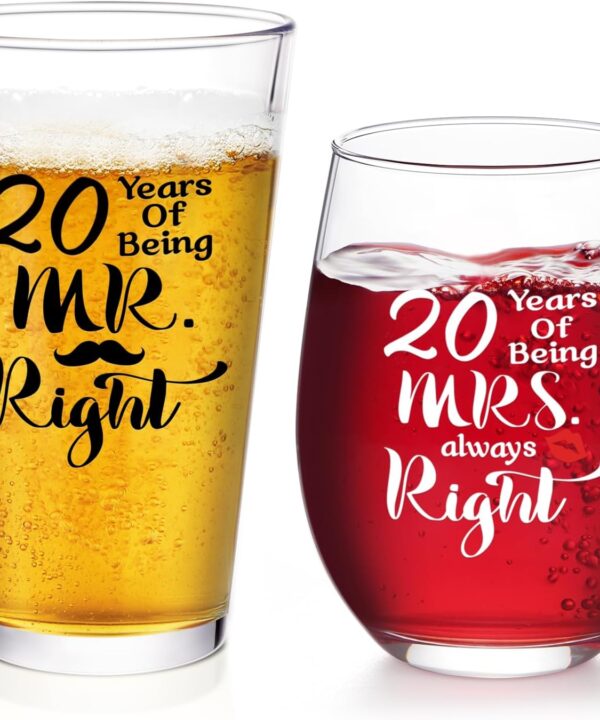 Futtumy 20th Anniversary Glass Gifts Set, 20 Years of Being Mr Right & Mrs Always Right 17oz Wine 15oz Beer Glass, 20th Wedding Anniversary for Wife Husband Couple Parents Grandparents Friends