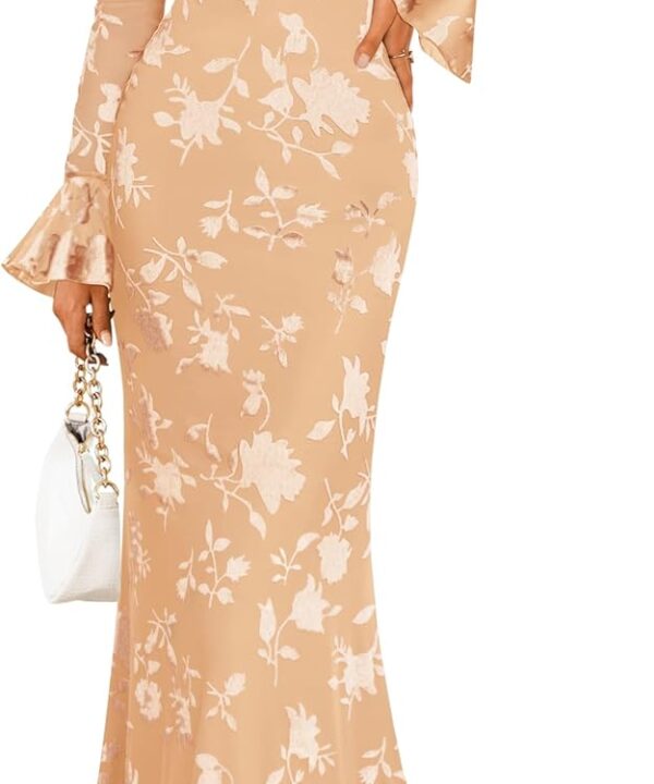 ZESICA Women's 2026 Bell Long Sleeve Floral Maxi Dress Fall Fashion Bodycon Mesh Wedding Guest Cocktail Party Dresses