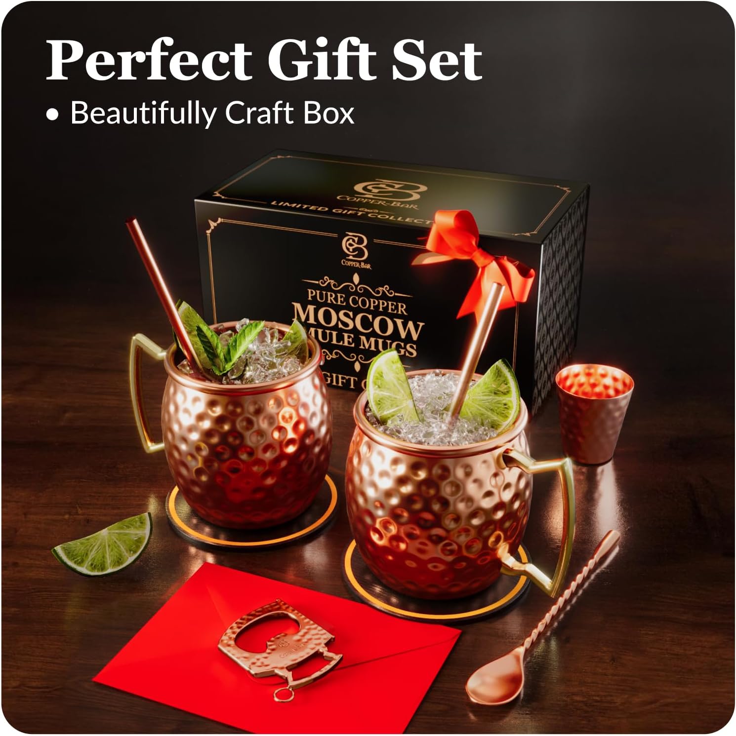 COPPER-BAR Moscow Mule Copper Mugs – Unique HANDCRAFTED Gift Set of 2, Hammered by Artisan, 100% Pure Solid Copper Cups 16oz for Drinking Water & Cocktails, Include 13 Pcs accessories & Special Opener