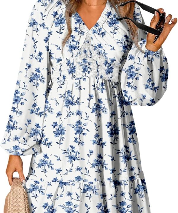 Dokotoo Spring Dresses for Women 2026 Boho Floral V Neck Long Sleeve Smocked Elastic Waist Casual A-Line Mini Dress Sundress