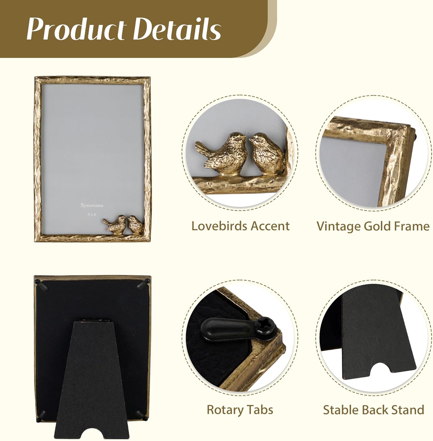 Synovana Romantic Aged Gold 4×6 Picture Frame with Lovebirds Vintage-Style Metal Photo Frame for Cherished Memories and Meaningful Gifts