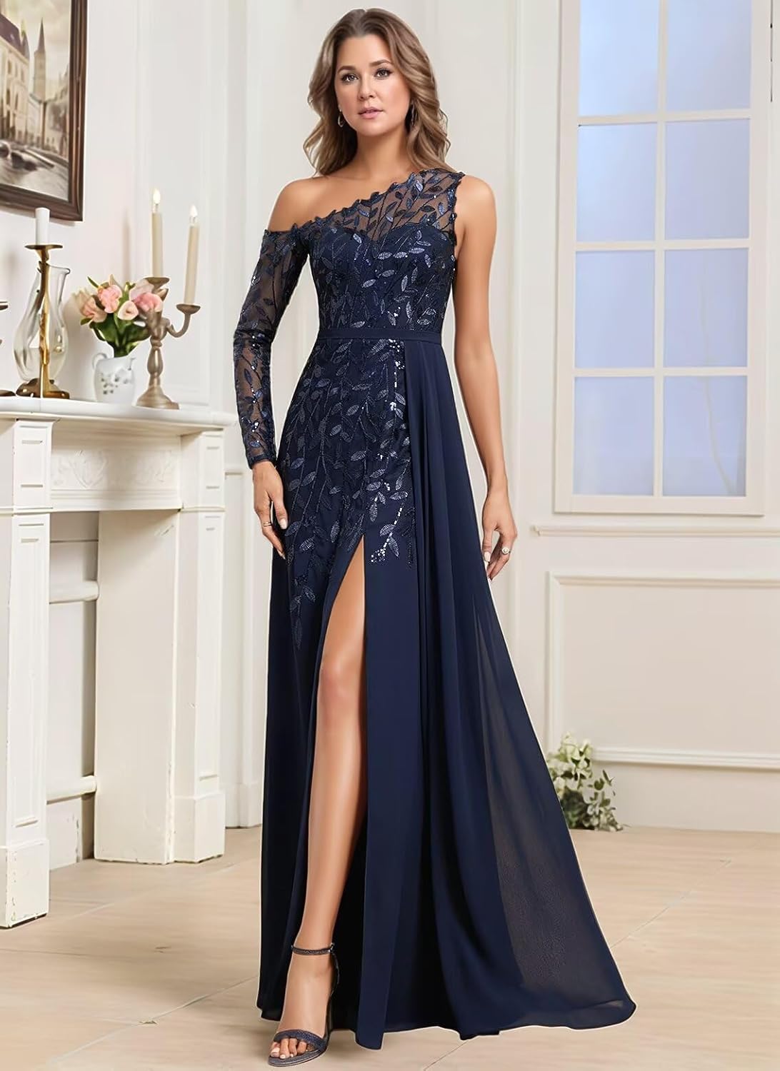 One Shoulder Mother of The Bride Dresses with Slit for Wedding Lace Appliques Chiffon Formal Dress He6077