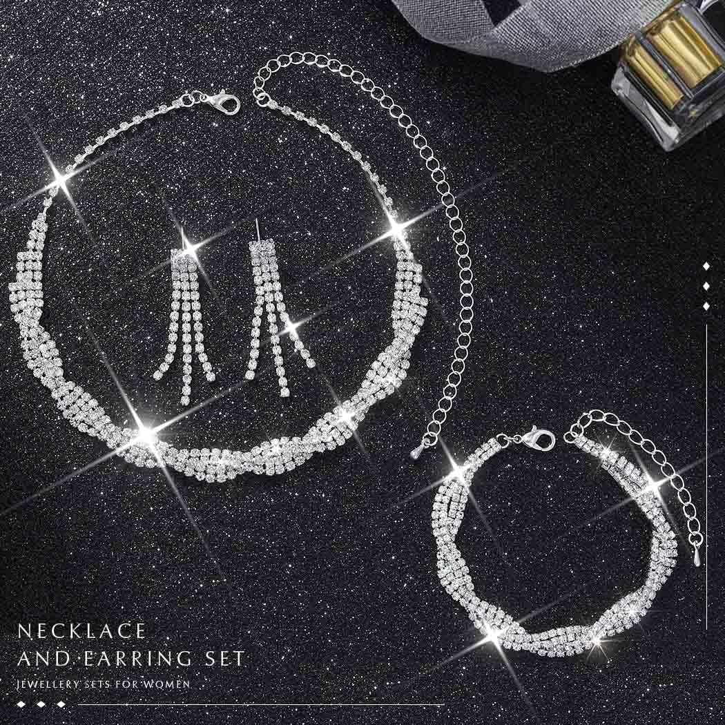 Unicra Wedding Jewelry Sets Silver Rhinestone Necklace Earrings Bracelet Sets Prom Jewelry Accessories for Women and Brides