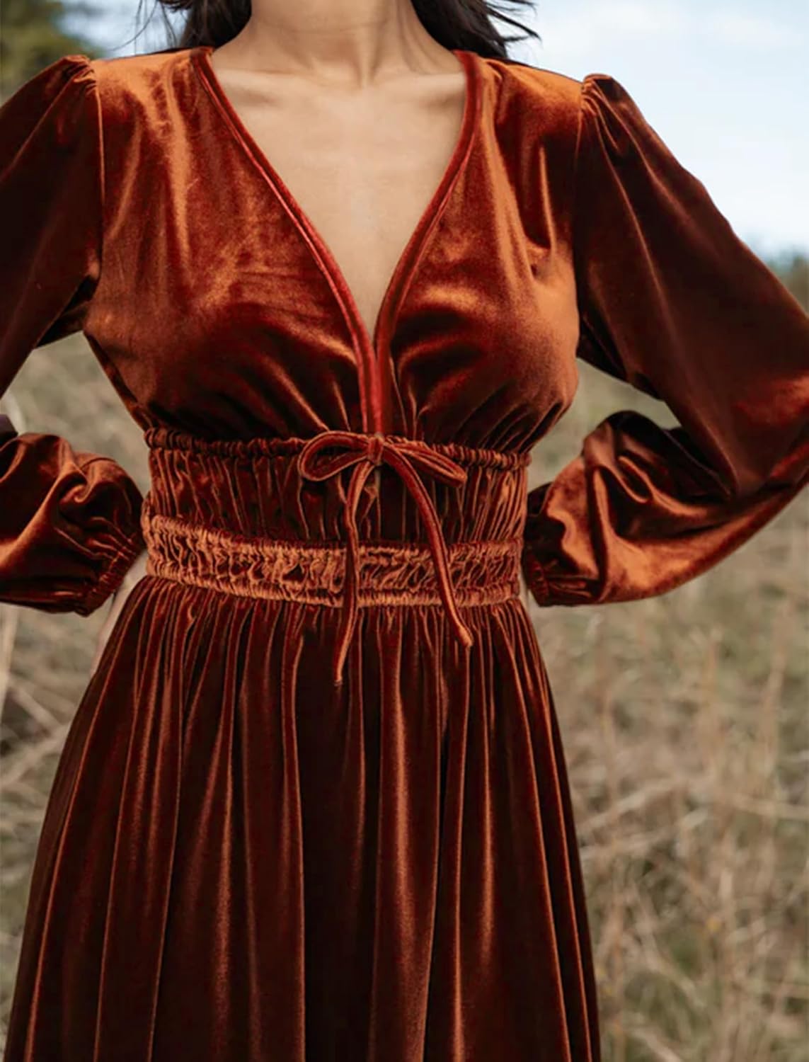 ZAFUL Womens Long Sleeve Velvet Dress 2025 Fall V Neck Holiday Cocktail Party Semi Formal Midi Dresses for Wedding Guest