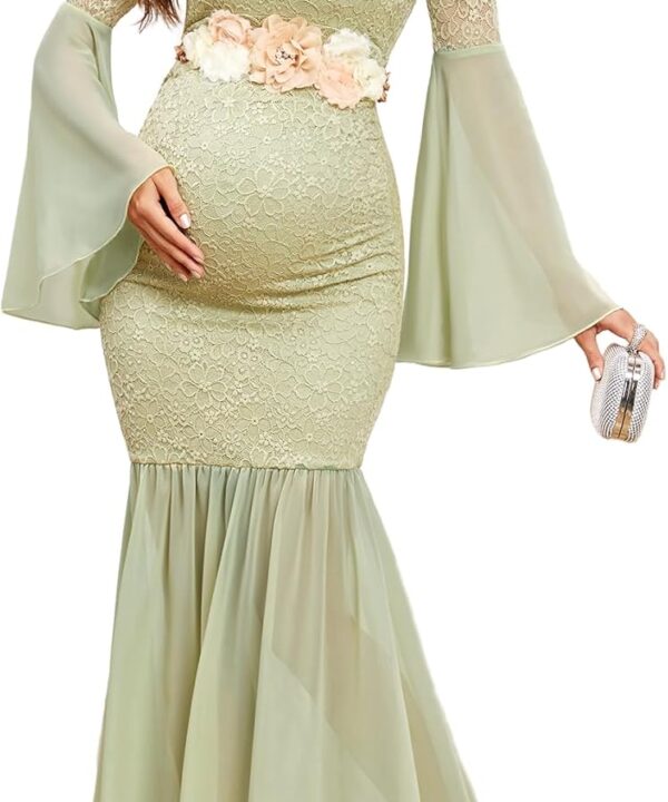 Maternity Dress Baby Shower Long Bell Sleeve Floral Lace Contrast Chiffon V-Neck Mermaid Pregnancy Photoshoot Gown