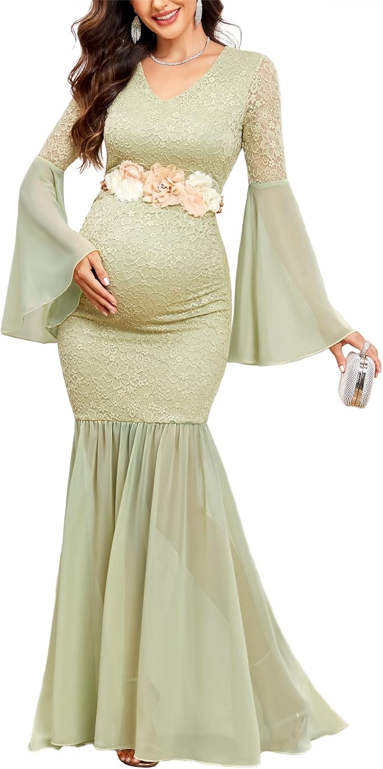 Maternity Dress Baby Shower Long Bell Sleeve Floral Lace Contrast Chiffon V-Neck Mermaid Pregnancy Photoshoot Gown