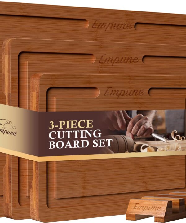 Empune Bamboo Cutting Board Set, Wood Cutting Boards for Kitchen with Holder Wooden Chopping Board for Meal Prep & Serving, Brown