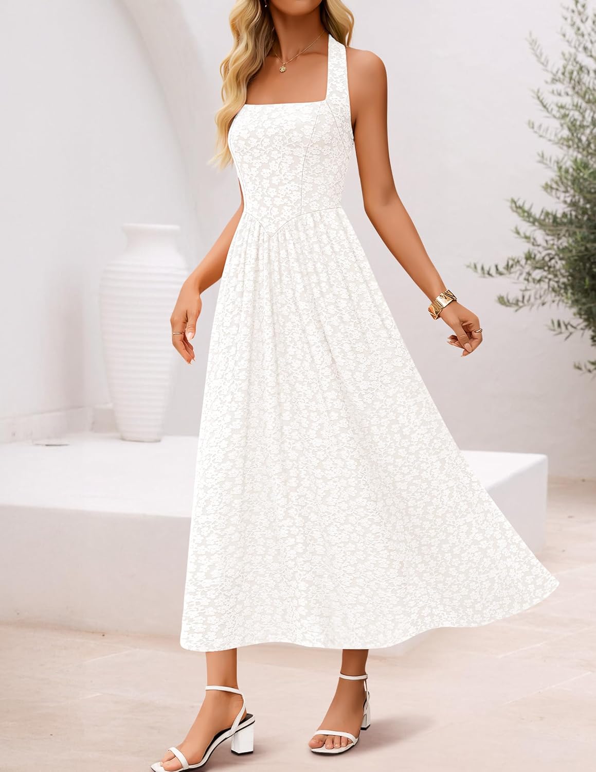 ZESICA Womens Summer Sleeveless Floral Midi Dresses 2026 Halter Neck Wedding Guest Cocktail Party Flowy A Line Long Dress