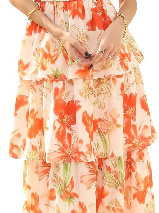 BTFBM Womens Square Neck Smocked Dress Summer Puff Short Sleeve Floral Casual Ruffle Tiered Maxi Wedding Guest Dresses