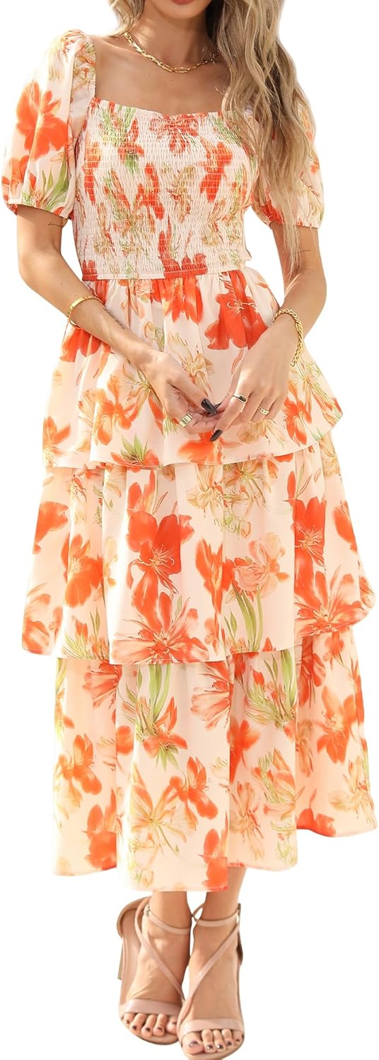 BTFBM Womens Square Neck Smocked Dress Summer Puff Short Sleeve Floral Casual Ruffle Tiered Maxi Wedding Guest Dresses