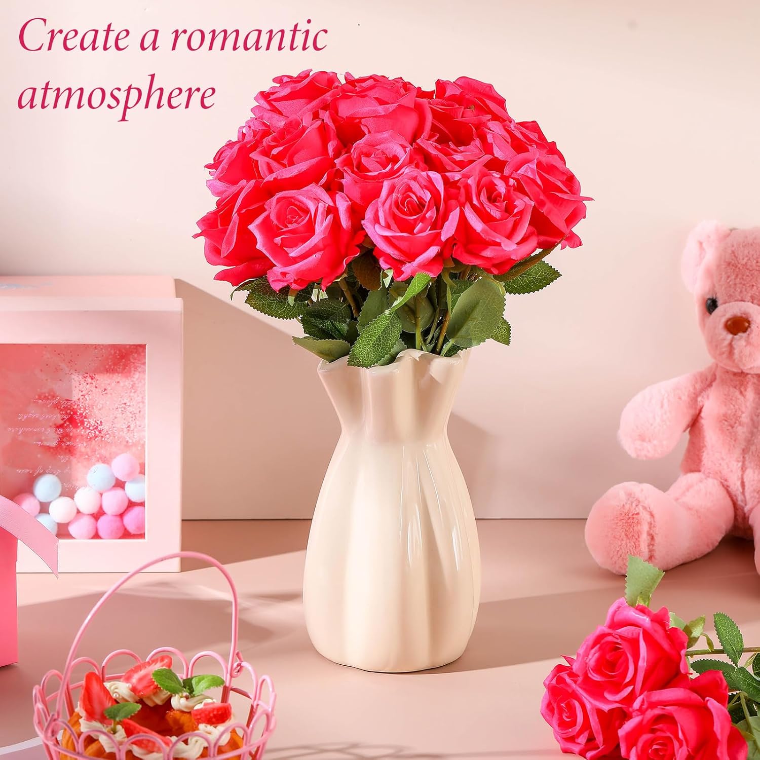 Hotop 20 Pcs Artificial Rose Flowers with Long Stem,Real Touch Silk Realistic Plastic Bouquet Roses Bulk for Home Decor Bridal Wedding Party Table Centerpieces Decorations(Hot Pink)