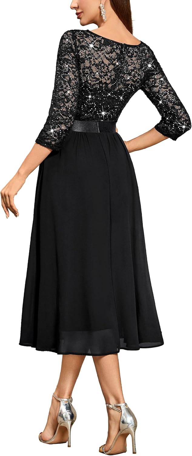 Miusol Womens Elegant V Neck Sequin Lace Sleeve Bridesmaid Party A-line Dress