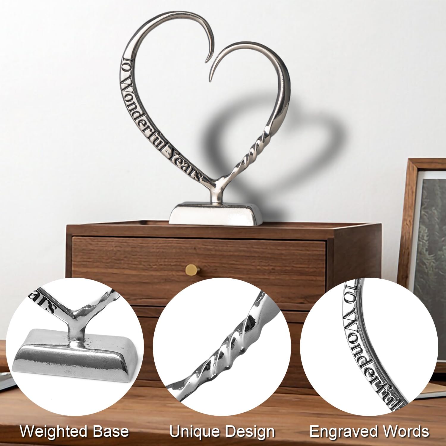 10 Year Anniversary Tin Gifts for Her Him Gift 10th Wedding Anniversary for Couples Wife Husband Men, Hand Forged Tin Aluminum Heart Art Keepsake Home Decor Artwork