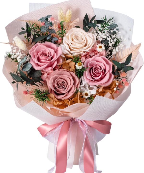 Preserved Flowers Bouquet 4 Roses, Flower for Delivery, Forever Pink Roses & Flowers, Eternal Roses Bouquet, Perfect Anniversary & Birthday Gifts for Women, Mom, Wife, Grandma, Friends