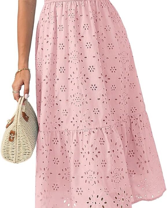 GRACE KARIN Womens Summer Boho Maxi Dress Casual 2026 Spring V Neck Eyelet Dresses Flowy Vacation Beach Sundress with Pockets