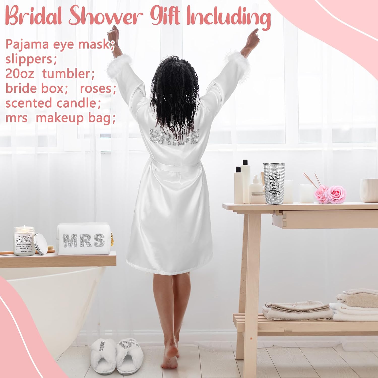 Croloose 9 Pcs Rhinestone Bridal Shower Gift Set Include Box 20 oz Tumbler Slippers Bride Robe Makeup Bag Scented Candle Blindfold 2 Artificial Rose for Bachelorette Wedding Party Gift