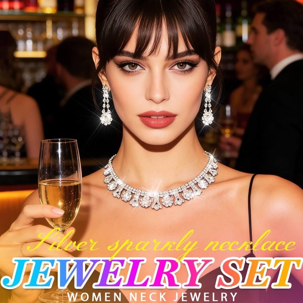 Nicute Crystal Wedding Jewelry Set Silver Necklace Earrings Rhinestone Wedding Jewelry Sets for Brides Bridesmaid