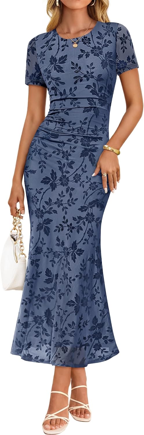 ZESICA Women's Summer Short Sleeve Floral Bodycon Dress 2026 Ruched Mesh Wedding Guest Cocktail Party Maxi Dresses
