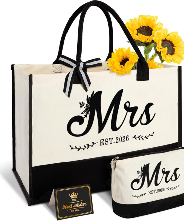 Vanqruo Mrs 2026 Bride Canvas Tote Bag with Makeup Bag, Wedding Gifts for Bridal Shower Bachelorette Party Engagement Honeymoon, Miss to Mrs, Bride to Be Gifts