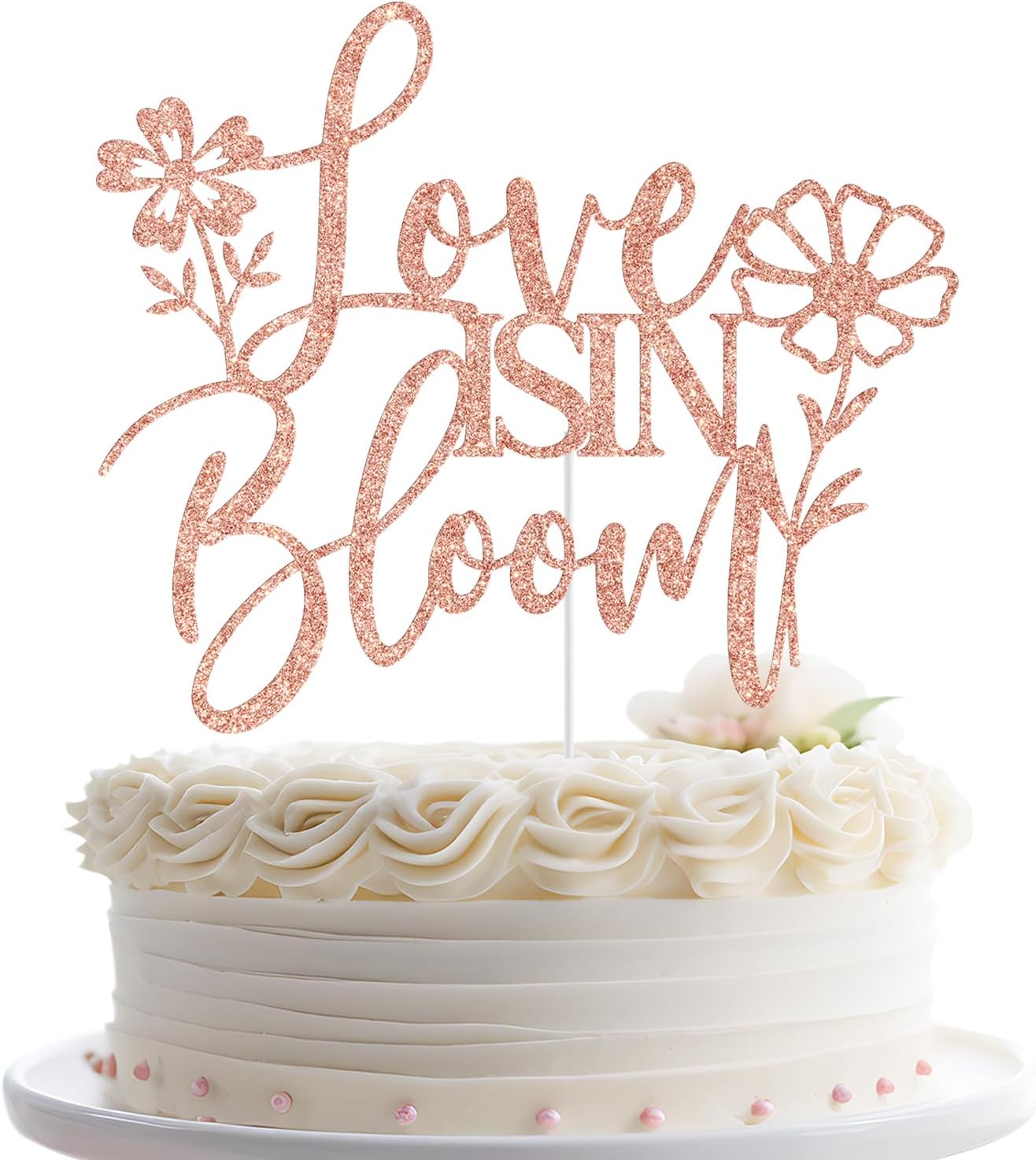Love is in Bloom Cake Topper, Floral Bridal Shower Cake Decorations, Wildflower Floral Flower Themed Wedding Engagement Bachelorette Party Decorations, Rose Gold Glitter