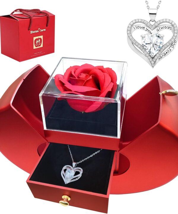 IWZDH Preserved Flower Rose Gift Box with Necklace for Women Romantic Gift for Her - Birthday, Anniversary Keepsake, Mother's Day