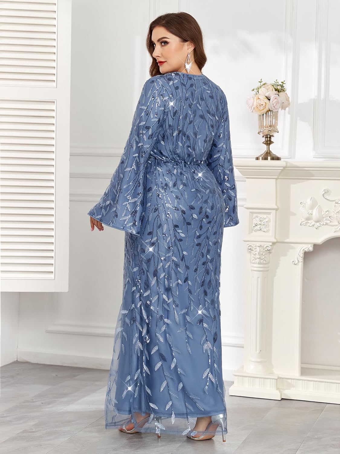 Plus Size Formal Dresses Long Flared Sleeve V-Neck Evening Gowns Wedding Guest Sequin Embroidery Prom Maxi Dress