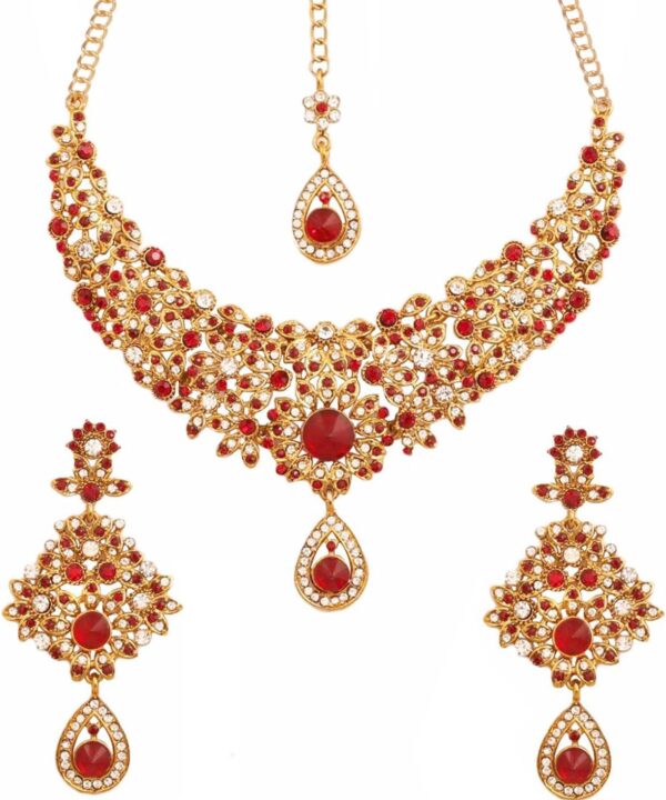 Touchstone Indian Jewelry Sets for Women Bollywood Necklace Earring Wedding high Fashion Victorian Formal Style Jewellery desi Artificial Imitation joyeria Rhinestone in Antique Gold or White Tone.