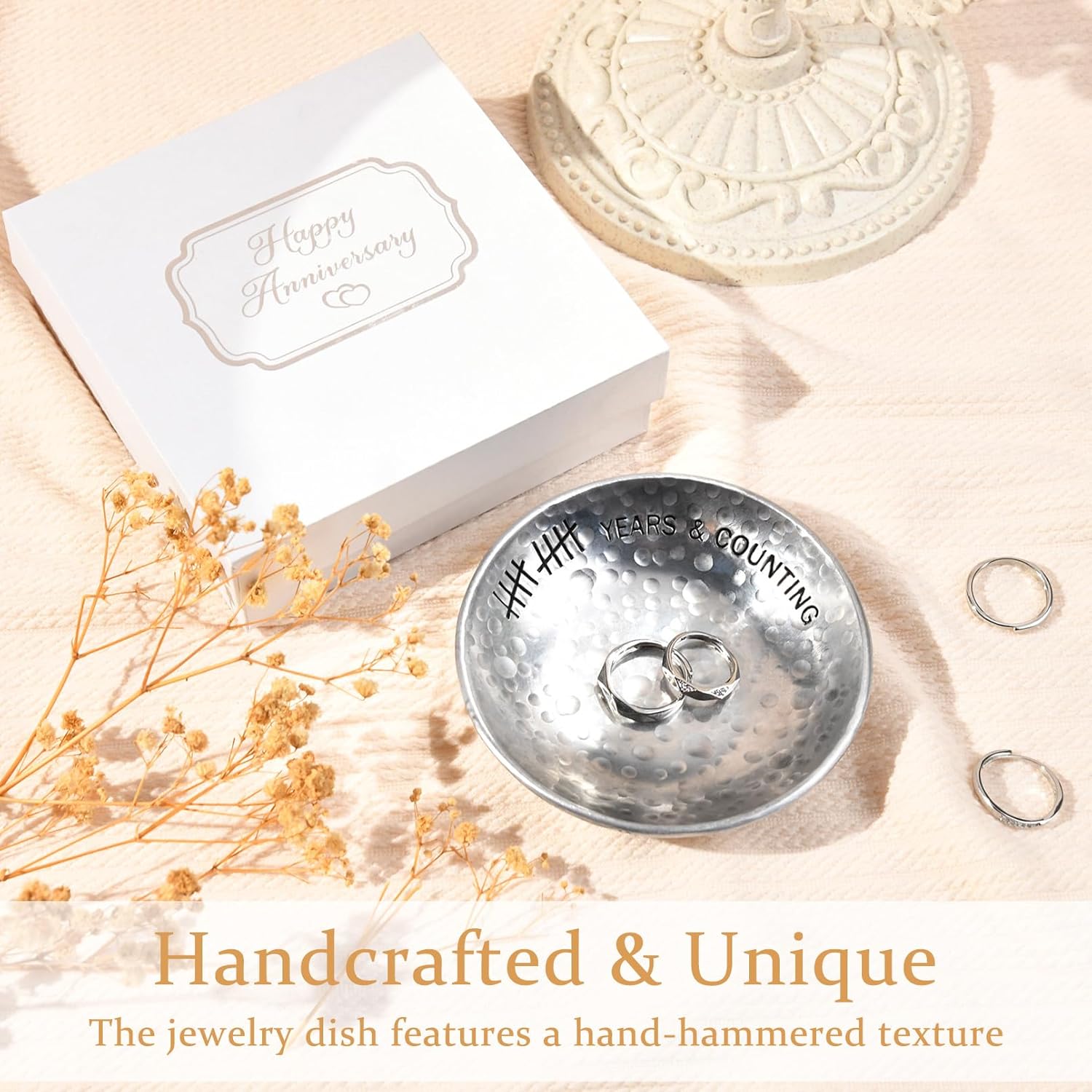 CEELGON 10 Year Wedding Anniversary Tin Gifts – 4 Tin Jewelry Tray Engraved Aluminum Decorative Dish for Couple