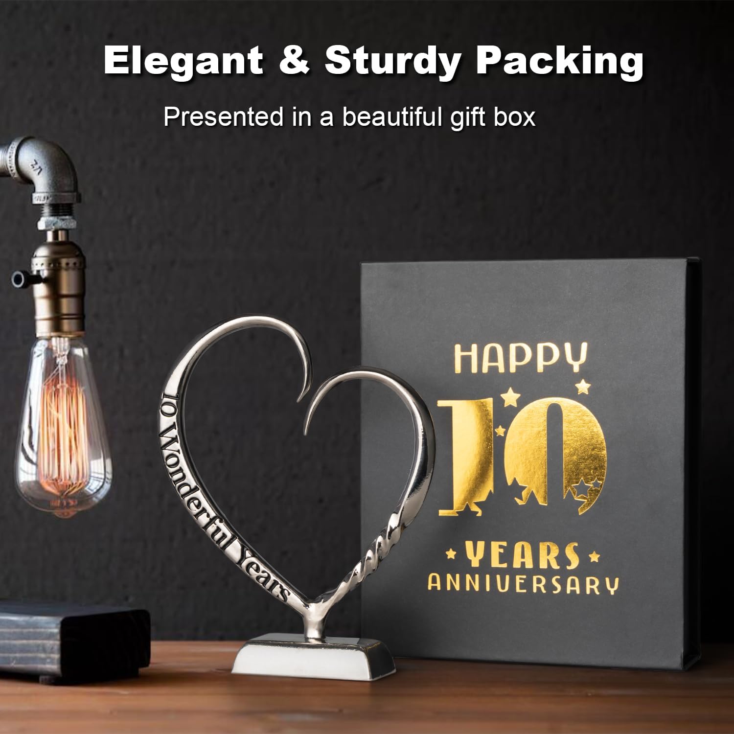 10 Year Anniversary Tin Gifts for Her Him Gift 10th Wedding Anniversary for Couples Wife Husband Men, Hand Forged Tin Aluminum Heart Art Keepsake Home Decor Artwork