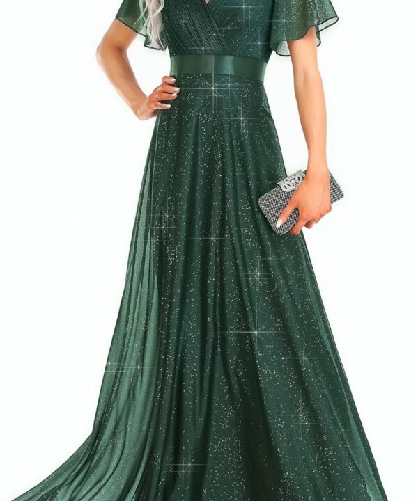 Ever-Pretty Women's Evening Gowns V Neck Ruched Short Sleeves A-line Glitter Formal Dresses