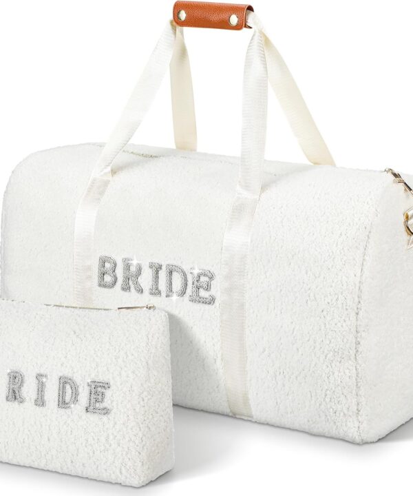 2 Pcs Bride Travel Bag Bridal Shower Gifts Wool Plush Bride Weekender Bag with Shoes Compartment Shoulder Pearl Rhinestone Patch Makeup Gift for Wedding Engagement Honeymoon