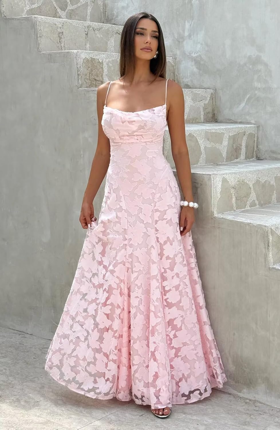 Maxi Floral Bridesmaid Dresses for Women Long A Line Cowl Neck Prom Dress Boho Lace Fomal Evening Gown