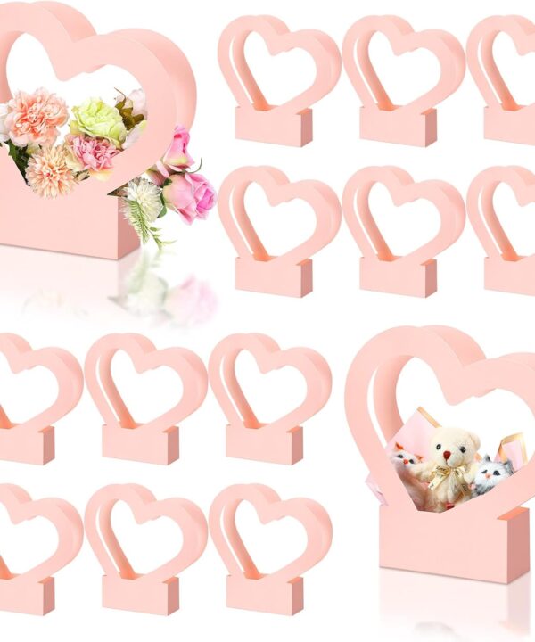 Sinmoe 12 Pcs Valentines Heart Shaped Boxes for Flowers Valentines Flower Gift Bag Wedding Empty Bouquet Gift Bags with Handle Folding Basket for Bridal Baby Shower Party Supply(Pink)