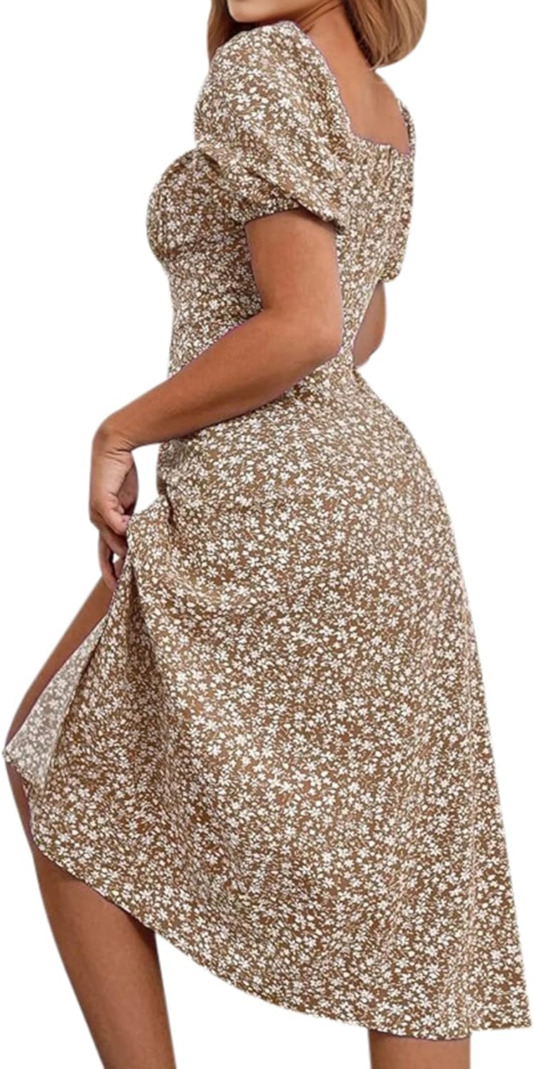 SPRIME Womens Floral Summer Casual Dress Square Neck Puff Sleeve Boho Midi Dresses Ruched Bust High Waist Split Long Dress