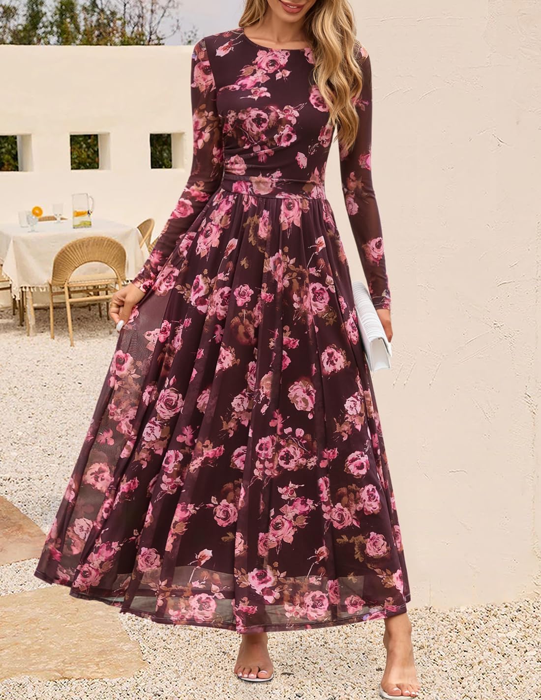 ZESICA Womens Maxi Dress 2026 Spring Long Sleeve Crewneck Floral Print Mesh Ruched Party Wedding Guest Dresses