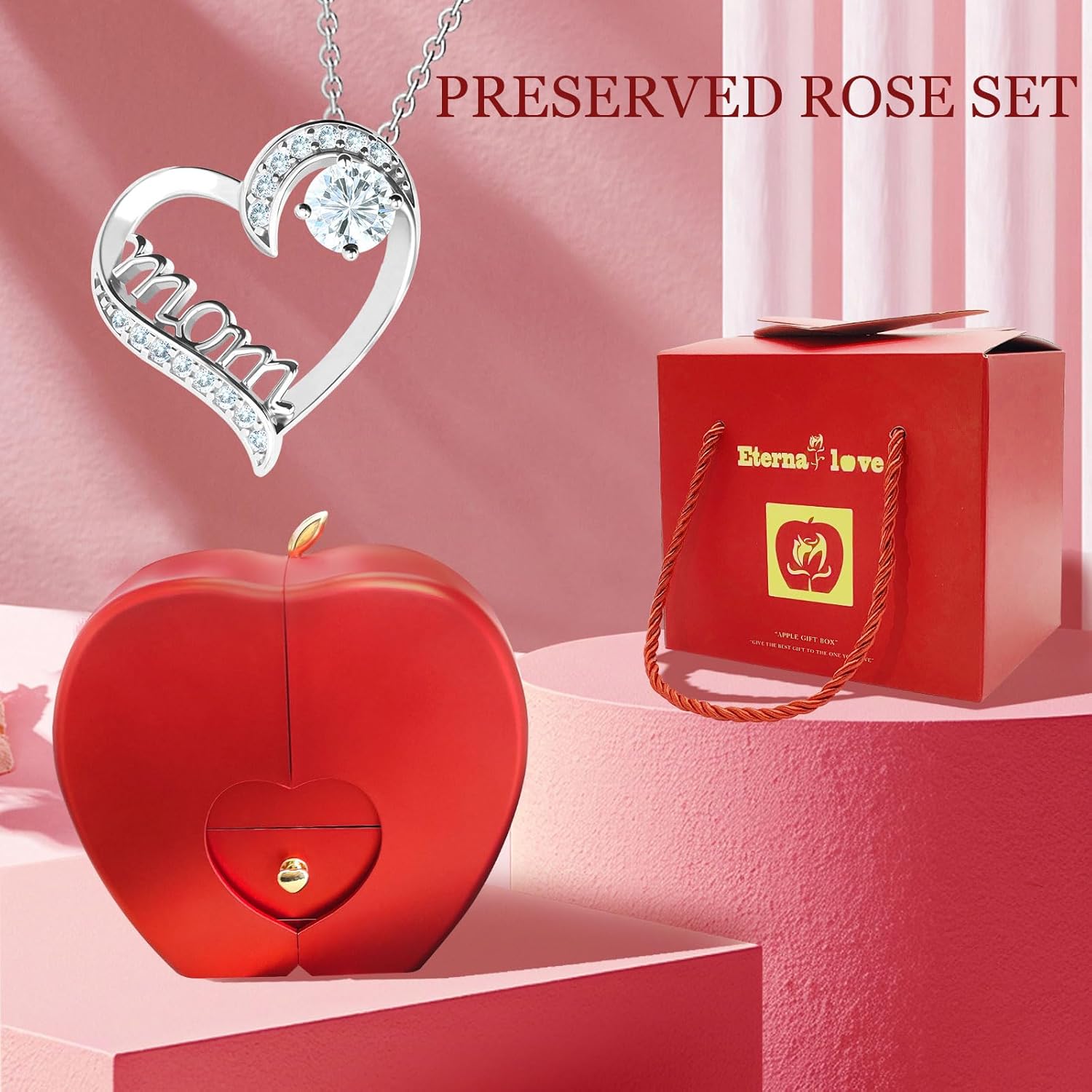 Preserved Red Rose with Necklace Romantic Gift for Mom, Grandma, Friends – Birthday, Anniversary Keepsake