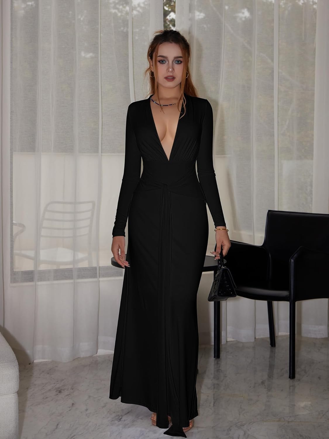 DAAWENXI Womens Sexy Deep V Neck Maxi Dress Long Sleeve Tie Wedding Guest Cocktail Evening Dresses