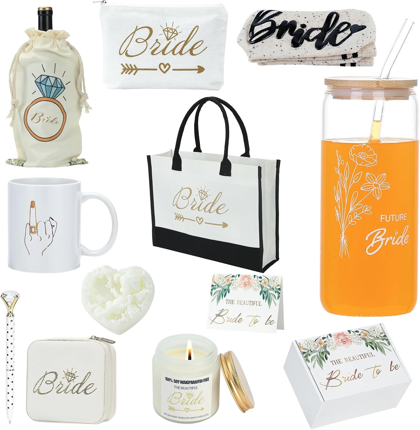 Bridal Shower Gift Box for Bride to Be - Best Wedding Gift Set with 16oz Stainless Steel Tumbler,Soy Candle, Socks & cup - Engagement & Bachelorette Party for bride to be box