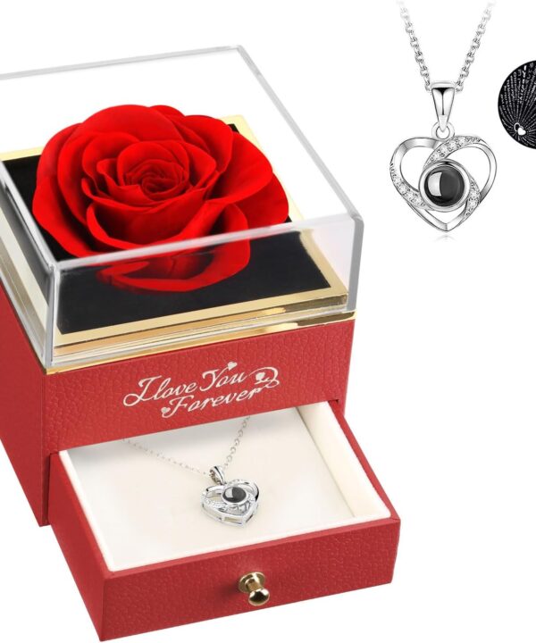 ASELFAD Preserved Flowers Real Red Rose with I Love You Necklace - Eternal Rose Gifts for Her at Valentine's Day, Anniversary or Birthday Gifts for Women
