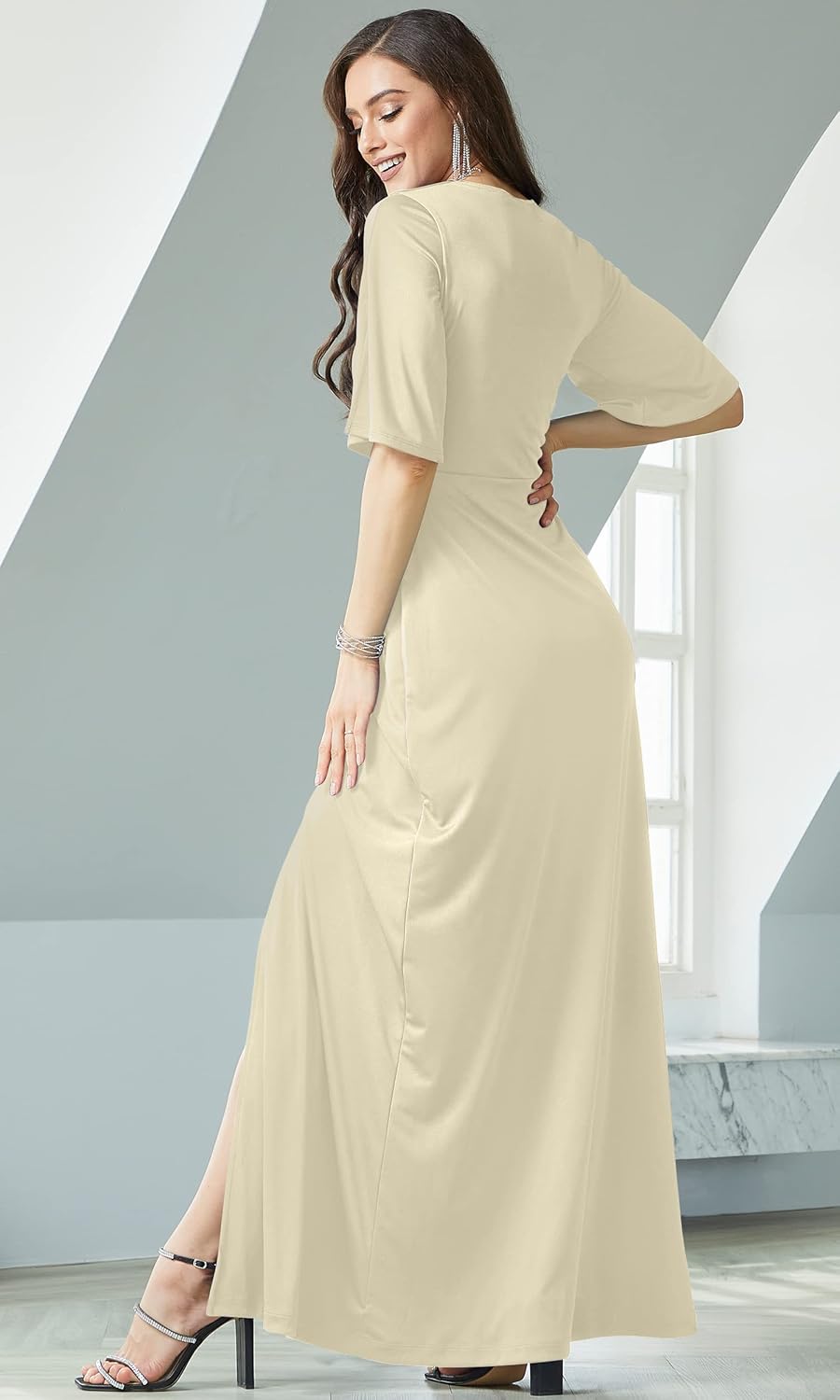 KOH KOH Womens2025 Long Short Sleeve V-Neck Sexy Slimming Casual Summer Maxi Dress