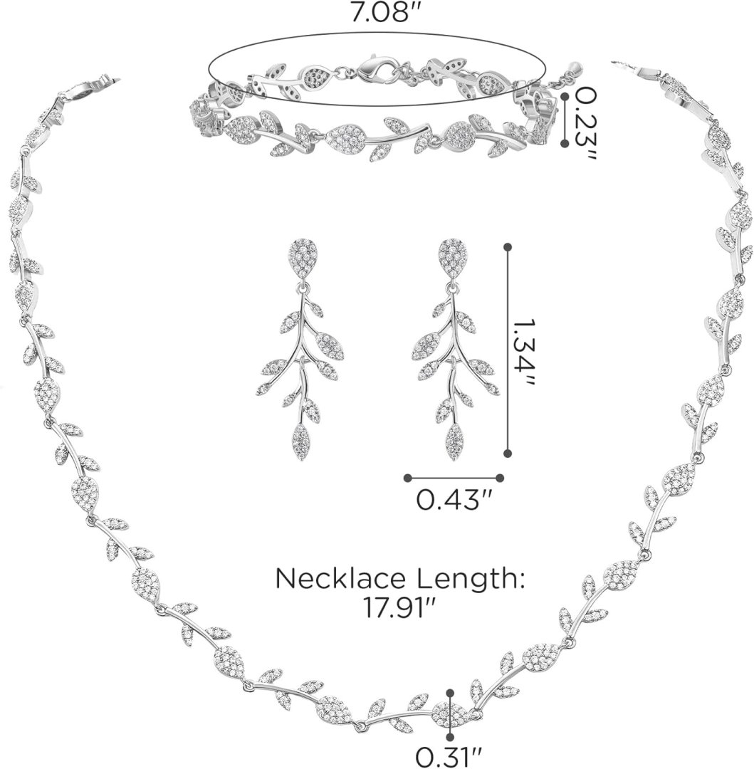 SWEETV Cubic Zirconia Wedding Jewelry Sets for Bride Bridesmaids, Crystal Leaf Vine Bridal Earrings and Necklace Set for Women Jewelry Gifts